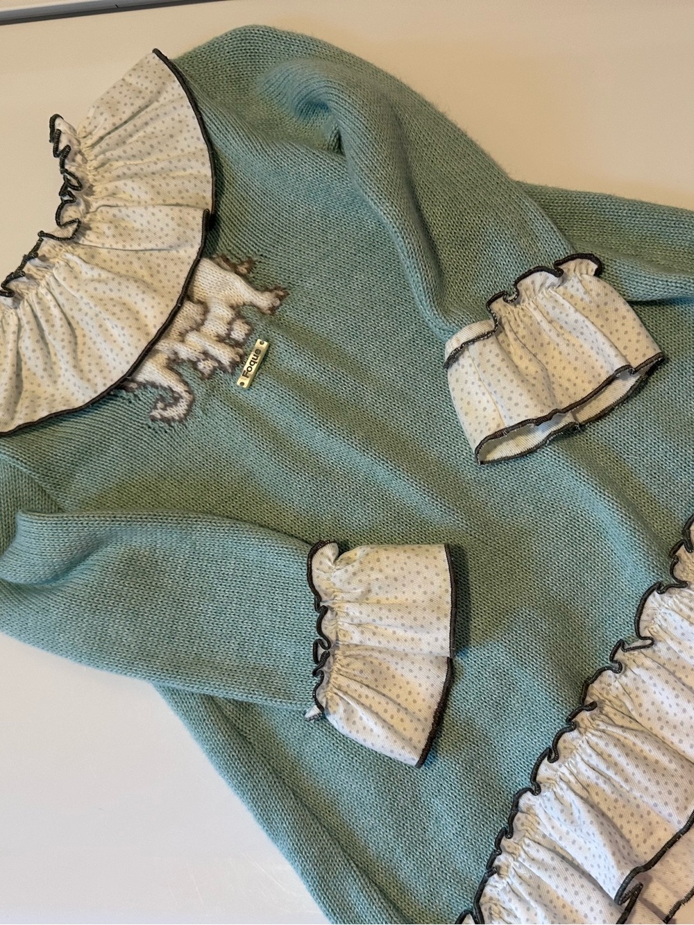 Foque Baby Girl Knit Dress 12M Blue Green Ruffle Collar Spanish Boutique